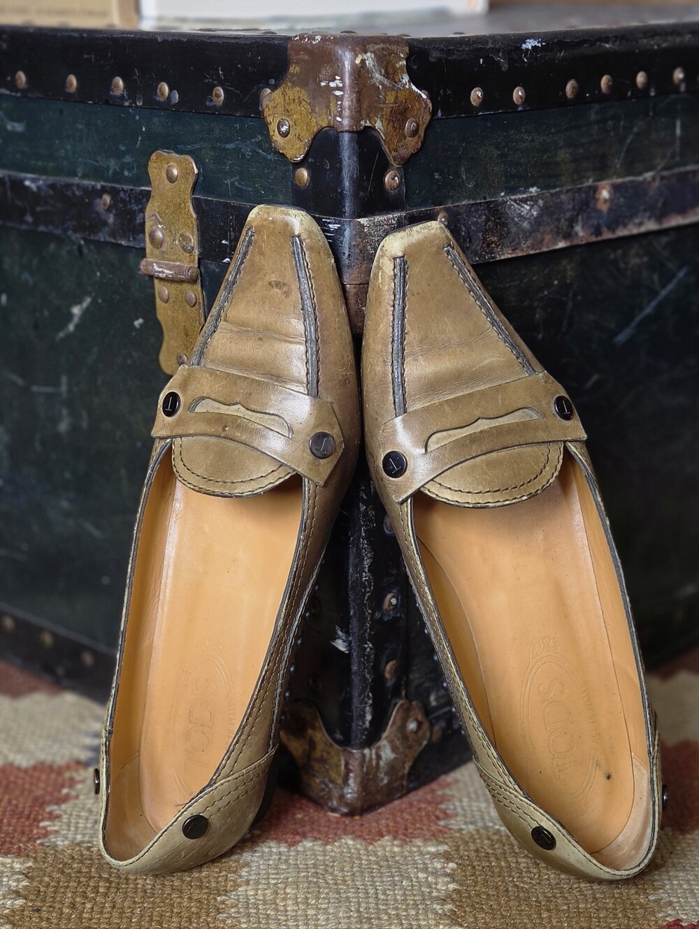TOD'S Olive Green Leather Square Toe Slip-On Moccasin Loafers - Picture 1 of 10